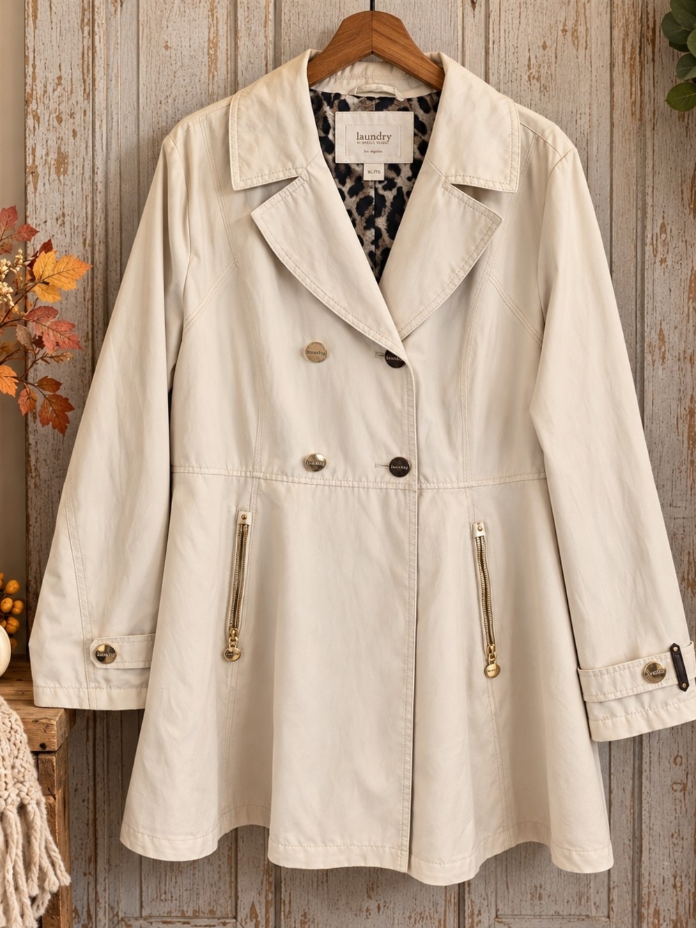 Laundry by Shelli Segal XL Cream Fit & Flare Trench Coat Leopard Lined